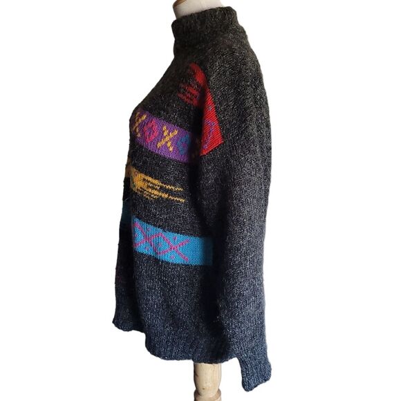 Vtg Kitty Hawk Women's Gray Aztec Abstract Sweater Colorful 80's 90's New Wave M - Picture 2 of 8